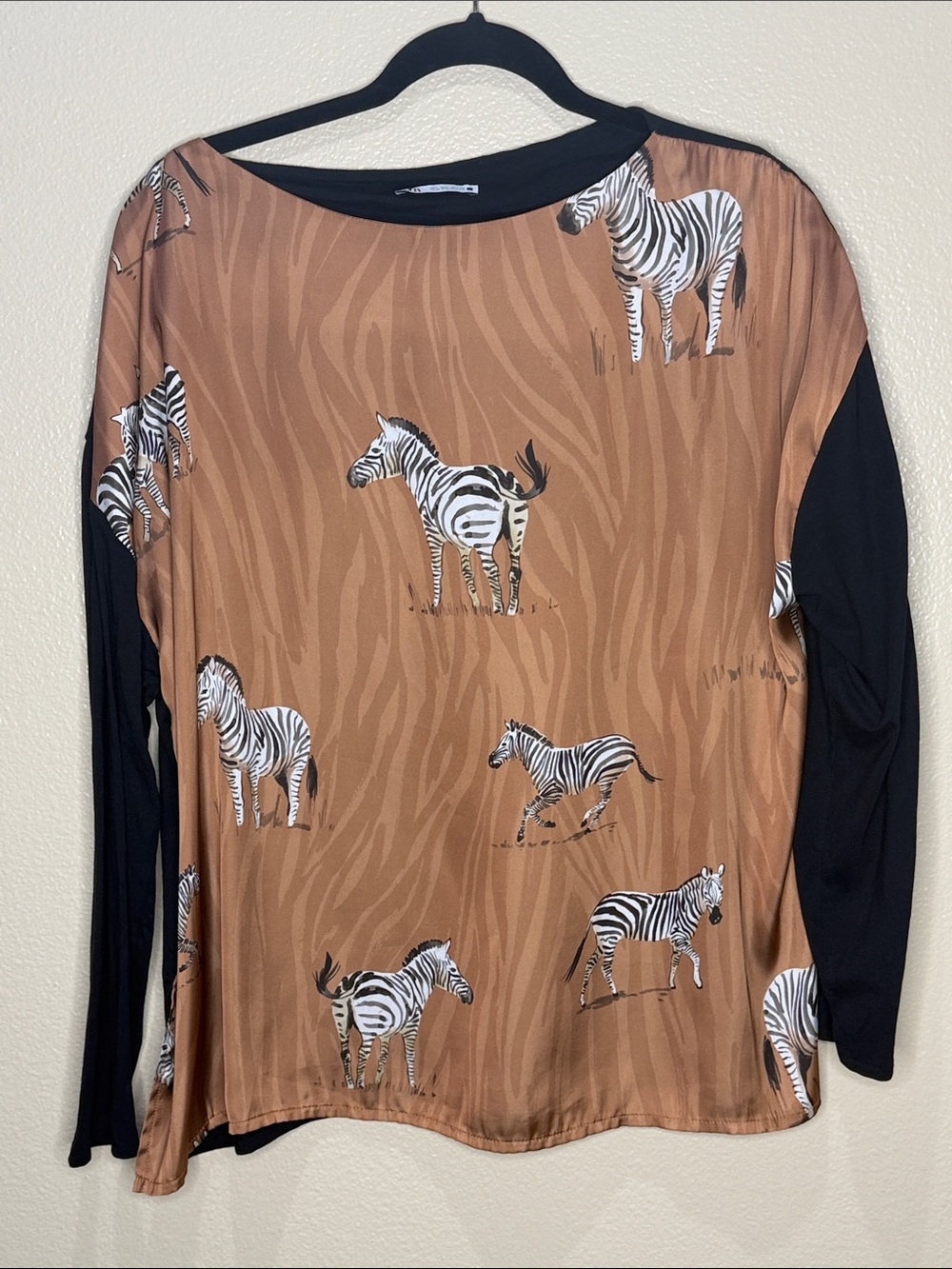 Zara Animal Print Mixed-Media Blouse - Brown Zebra Pattern - Size L